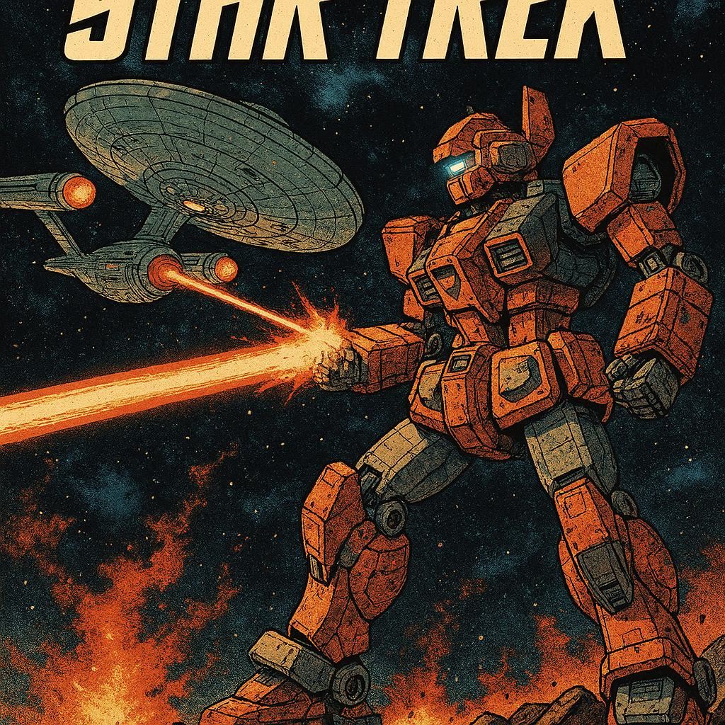 科幻機(jī)甲漫畫《星際迷航》封面，巨型機(jī)器人與外星飛船對(duì)峙場(chǎng)景